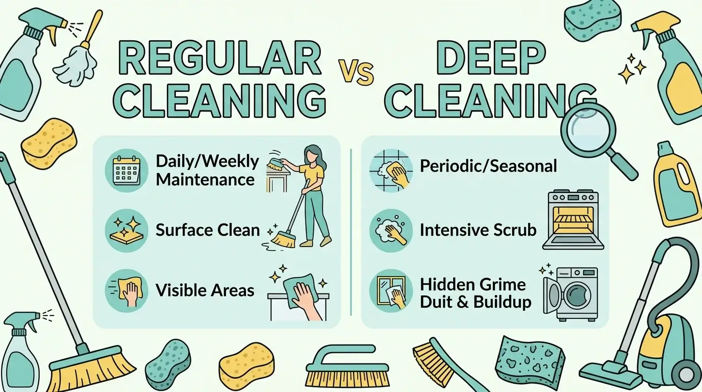 Read more about the article What Is the Difference Between Regular Cleaning and Deep Cleaning?